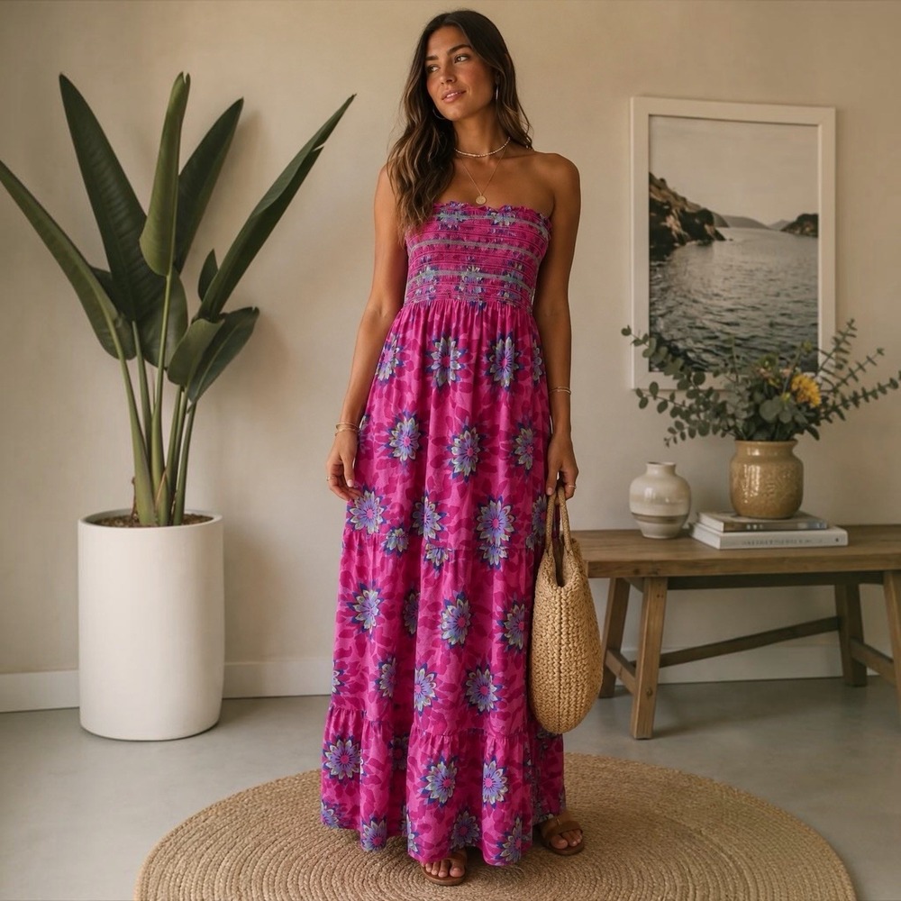 Old Navy Fuchsia Floral Strapless Maxi Dress